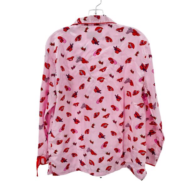 Robert Louis Pink Long Sleeve Satiny Button Closure Flowers Red Hats Top M - Picture 3 of 9